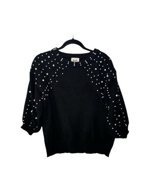 BiBi Pearl Beaded Short Sleeve Sweater Top BLACK Size M